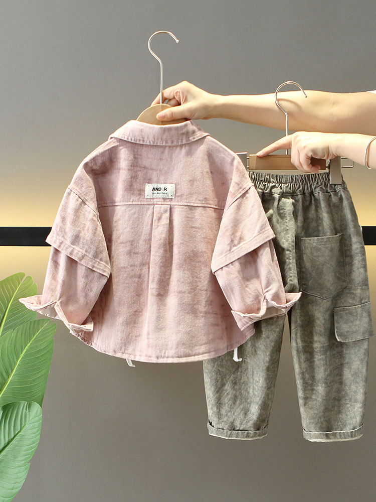 7060 traje de primavera y otoño para niños 2025 nuevo estilo teñido anudado para niños abrigo guapo traje de tres piezas versión coreana de moda para bebés
