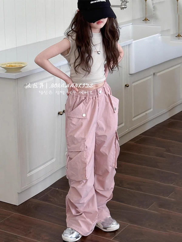 女童洋气工装裤春夏儿童休闲裤2025新款中大童宽松直筒裤男童裤子|undefined