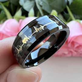 欧美戒指简约银色镶心电图片霸气男士8mm斜边黑色黑底小心电图