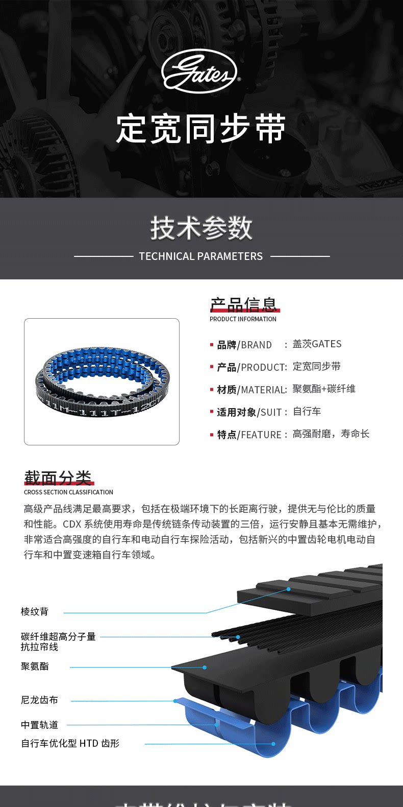 Gates Industrial Belt Imported Polyurethane Bicycle Belt CDX-11M Fixed Width Transmission Belt