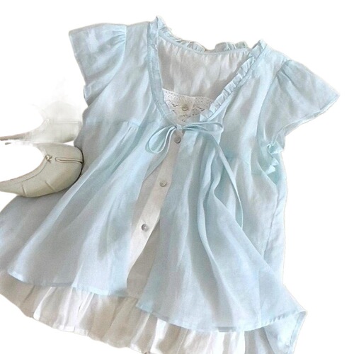 French retro lace splicing fake two-piece top for women's summer new preppy style loose lazy all-match Western-style blouse