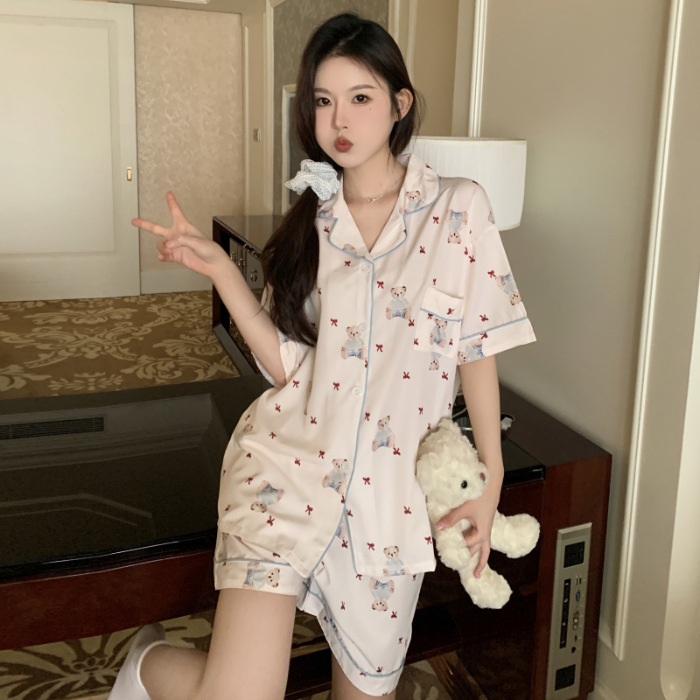 Pijamas de algodón de verano, chicas dulces estudiantes, cardigan de manga corta, pantalones cortos de dibujos animados, ropa para el hogar se puede usar fuera