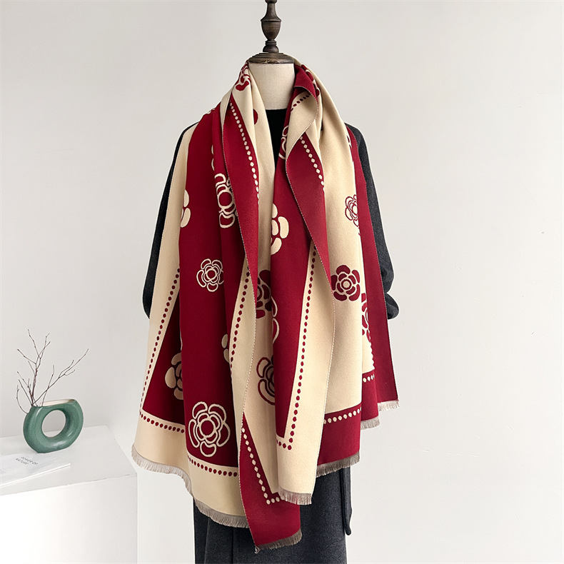 Temperament small fragrant scarf women's versatile coat decorative warm camellia scarf dual-purpose cashmere shawl thick_voghion.com