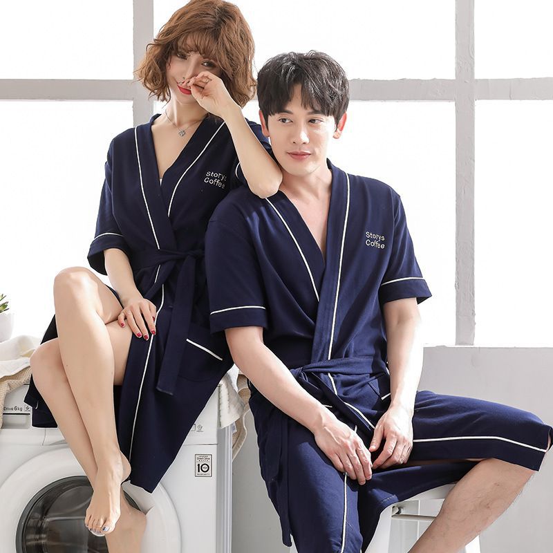 Pareja de verano japonés Albornoz manga corta algodón los hombres y las mujeres largo pijamas inicio desgaste estilo coreano camisón