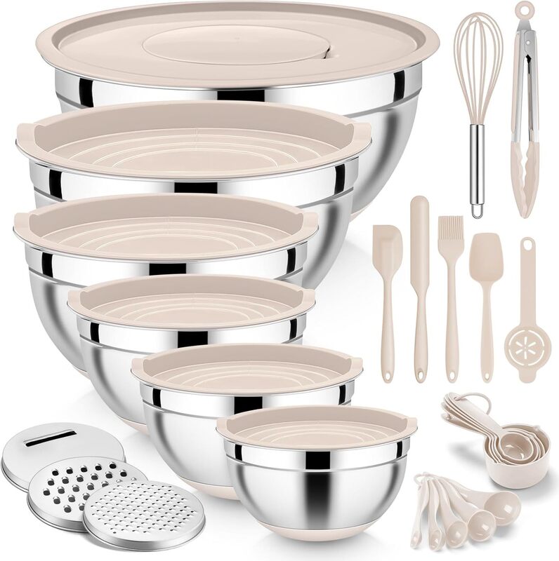 Mixing Bowl with Sealing Lid, Non-Slip Round Set, 26-Piece Rice Bowl, Stainless Steel Khaki 3-Piece Set with Grater
