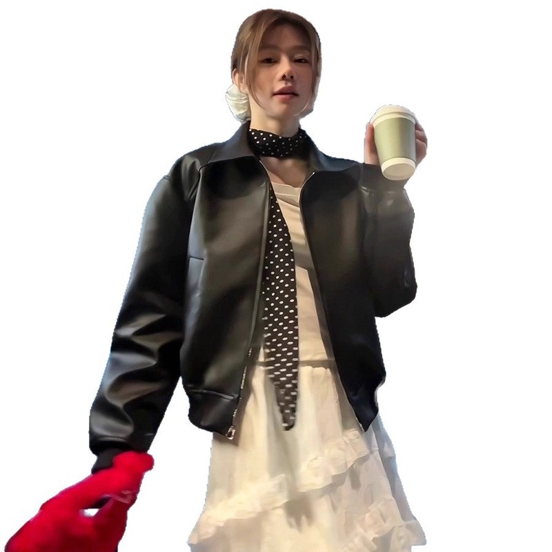 美式复古黑色皮衣外套女秋季新款高级感拉链短款机车服pu皮夹克潮|undefined