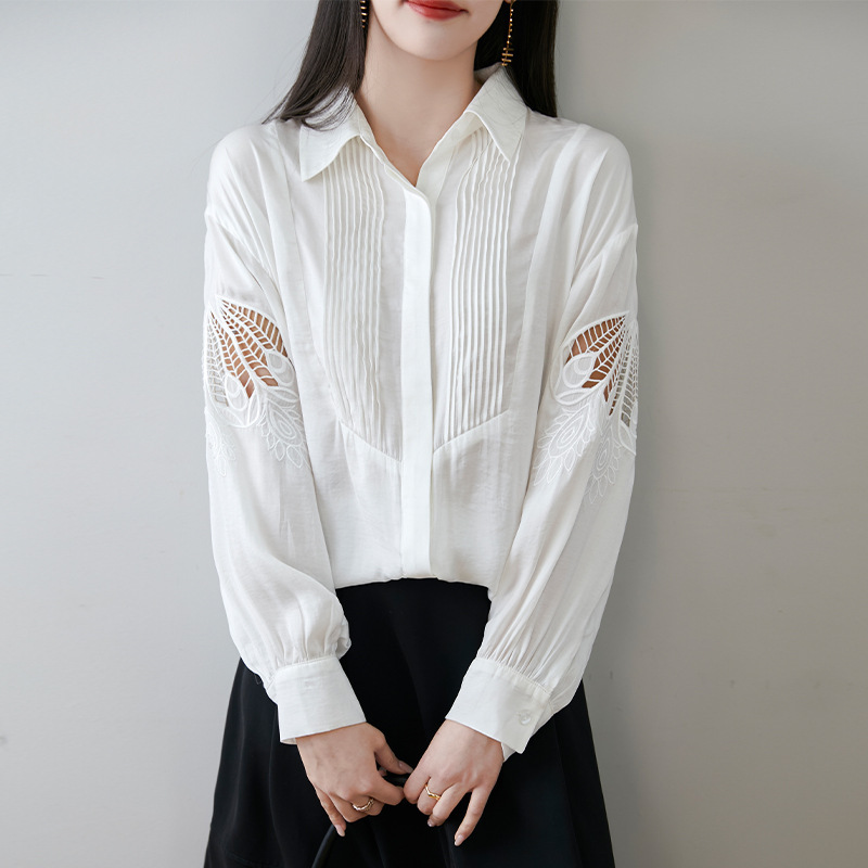 Milk Silk Polo Collar Long-Sleeve Women's Shirt with Hollow Embroidery, 2026 Spring/Summer New Design Shirt Top