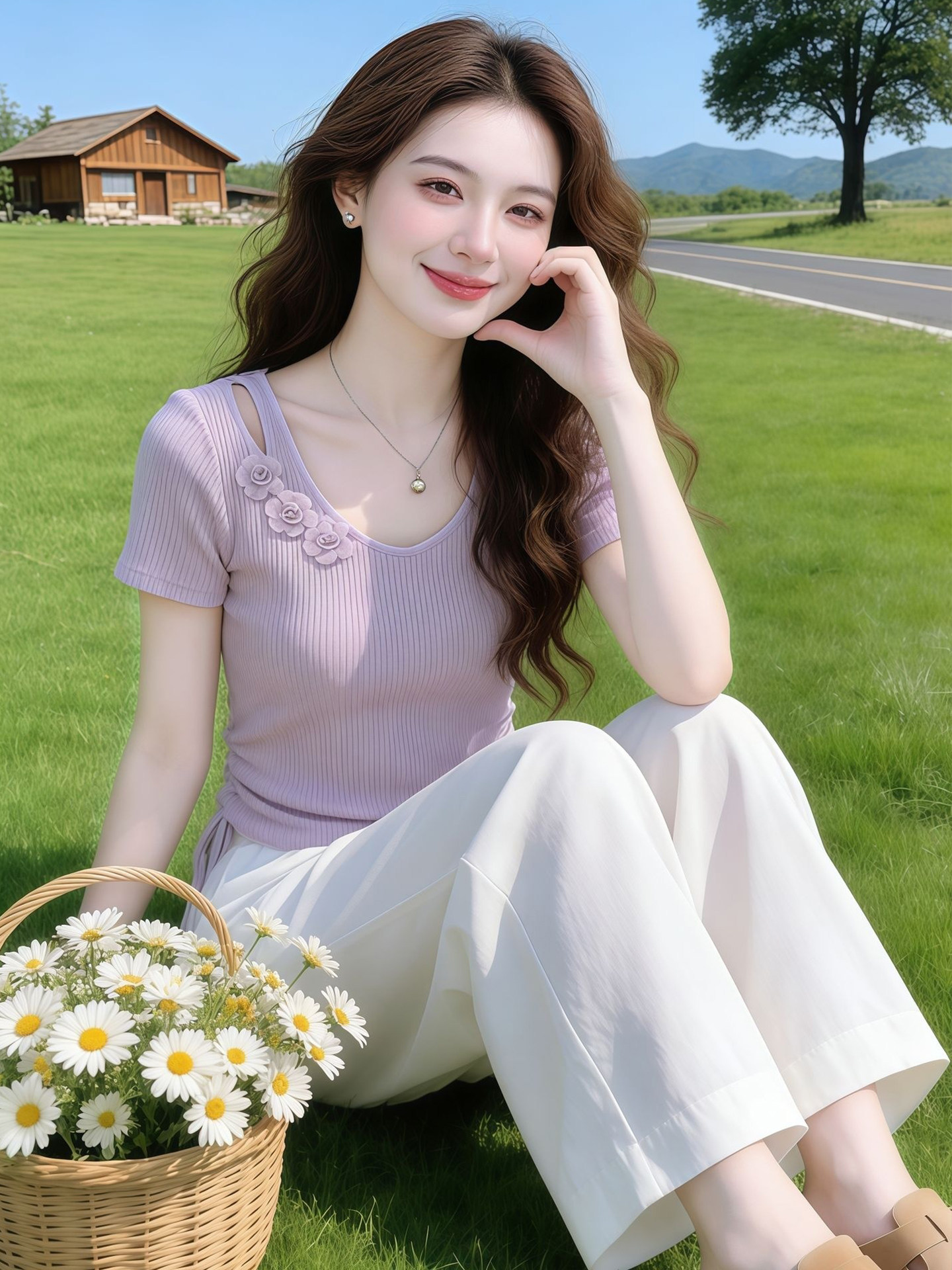 Áo thun nữ cổ V tay ngắn họa tiết hoa nổi 3D thắt eo dây rút — màu tím