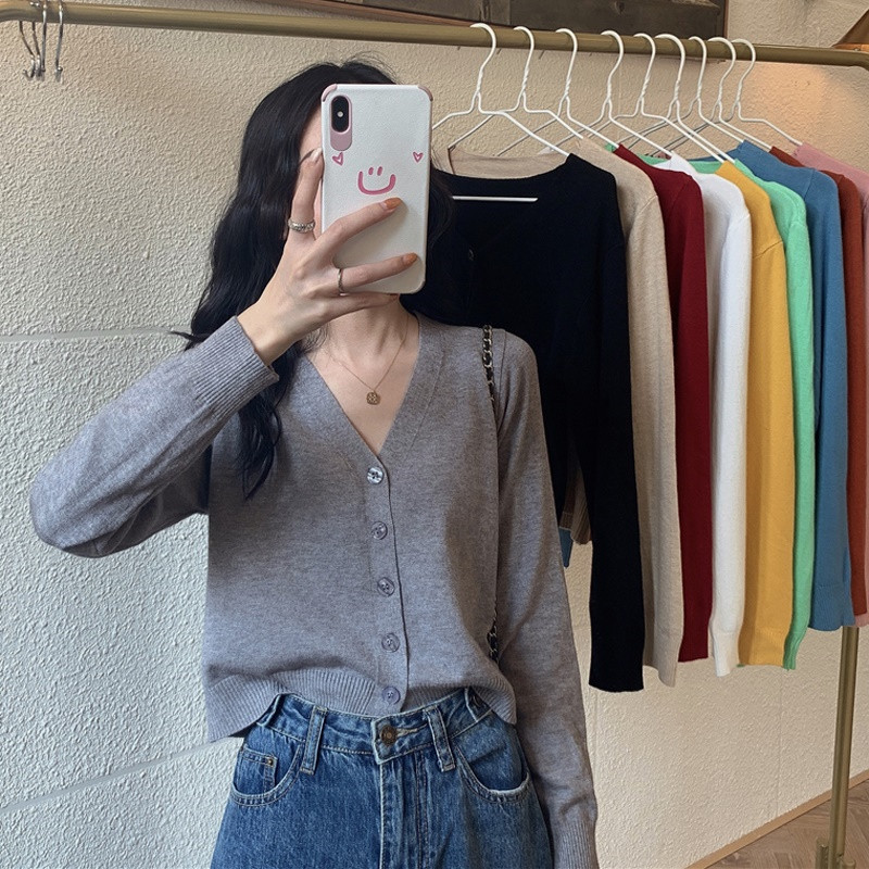 Korean style loose autumn short high waist long sleeve outer top woolen women's coat V-neck sweater cardigan wholesale Korean style loose autumn short high waist long sleeve outer top woolen women's coat V-neck sweater cardigan wholesale