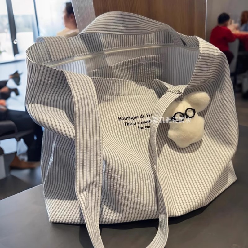 大容量帆布包新款休闲条纹慵懒简约2025通勤手提包百搭单肩托特 - Thumbnail 4
