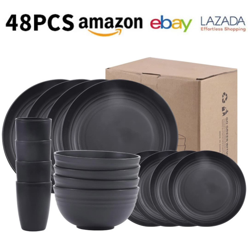 Cross-Border Amazon Wheat Straw Tableware Black Plate Bowl Cup Plastic Dinner Plate Salad Bowl Outdoor Home Kitchen Cross-Border Amazon Wheat Straw Tableware Black Plate Bowl Cup Plastic Dinner Plate Salad Bowl Outdoor Home Kitchen