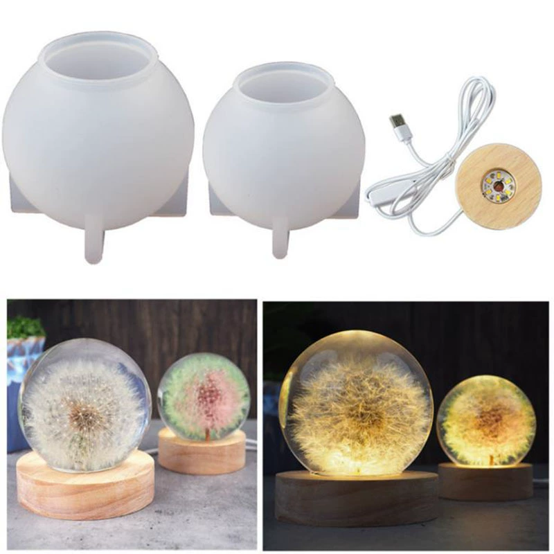 Epoxy Resin Night Light DIY Kit — Silicone Mold & Mirror-Effect Globe, 60/80 mm Lamp Base Options