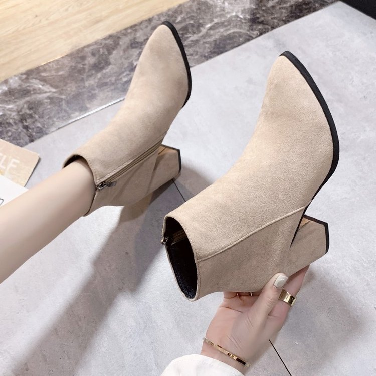 Botas de tacón alto para mujer, estilo coreano, con cremallera lateral, punta en pico, de gamuza, tacón grueso, moda otoño 2025 image 5