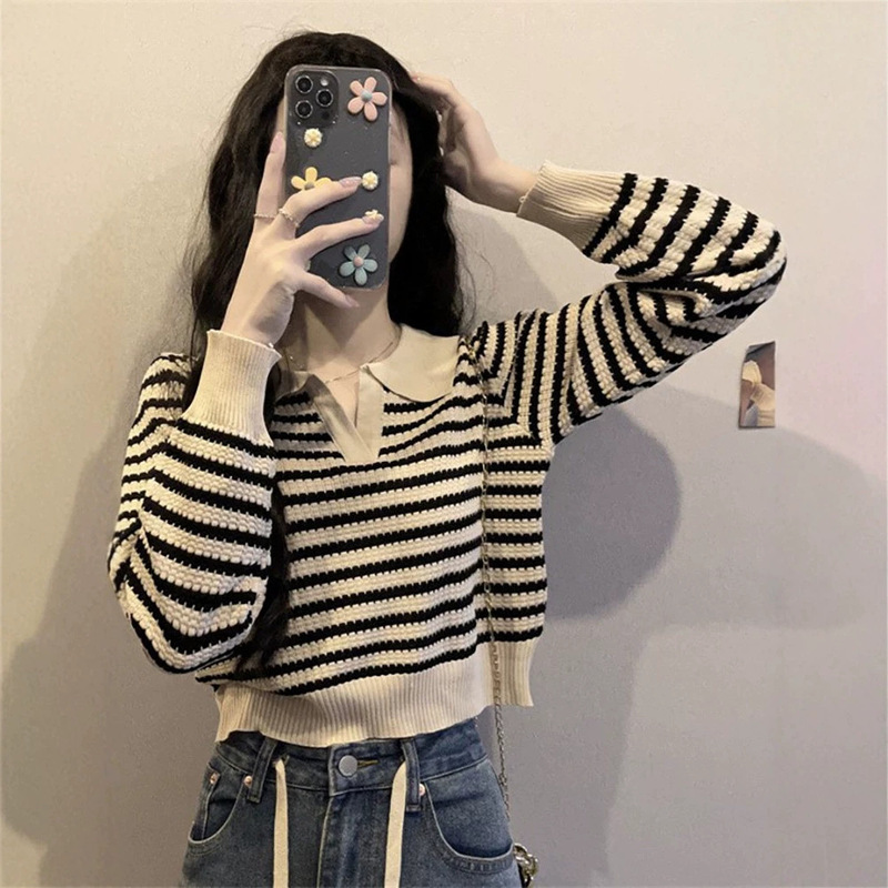 Contrast color striped polo collar long-sleeve t-shirt for women, plus size, for plus-size women, autumn knitted base shirt, slimming short top for winter Contrast color striped polo collar long-sleeve t-shirt for women, plus size, for plus-size women, autumn knitted base shirt, slimming short top for winter