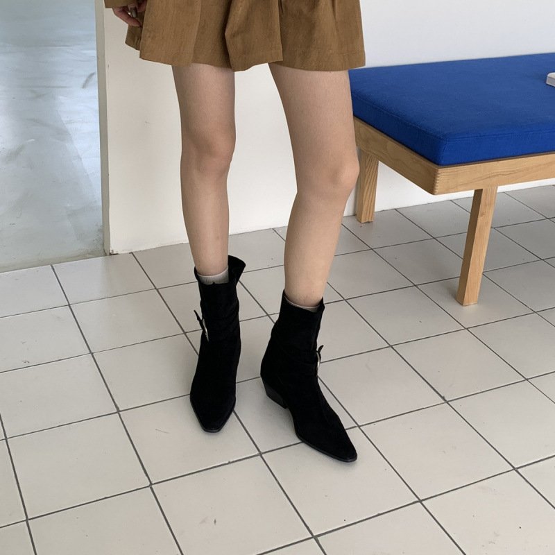 2025韩版新款小众设计复古法式短靴小方头西部靴麂皮中筒靴女靴子|undefined
