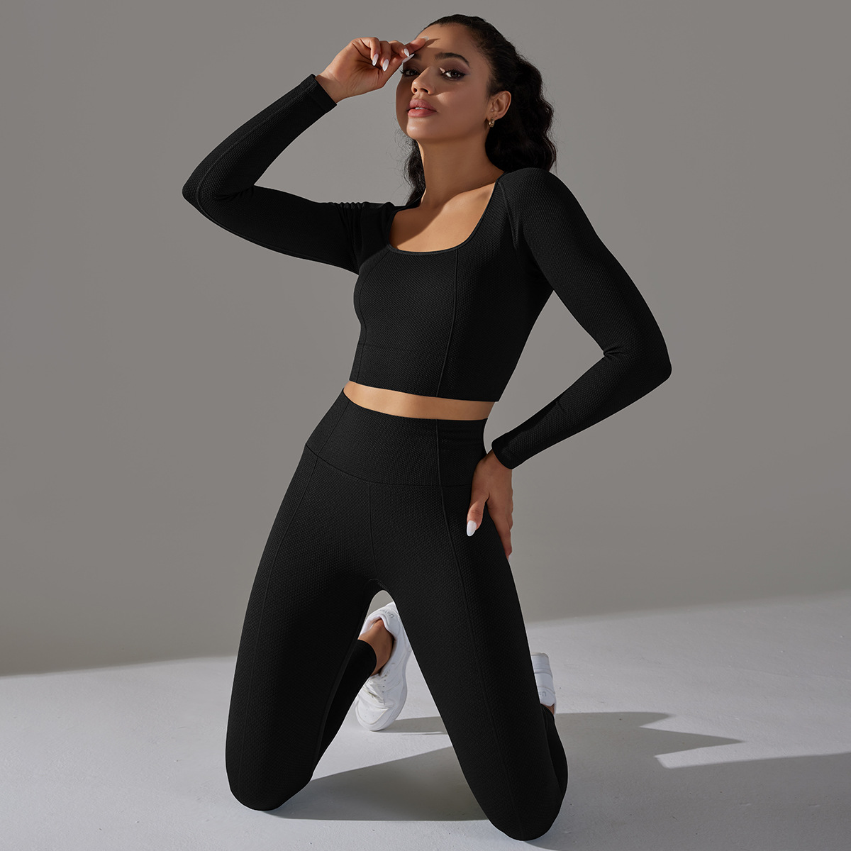 Women's Jacquard Yoga Dress Long Sleeve Suit High Waist Hip Tights Fitness Sportswear_voghion.com