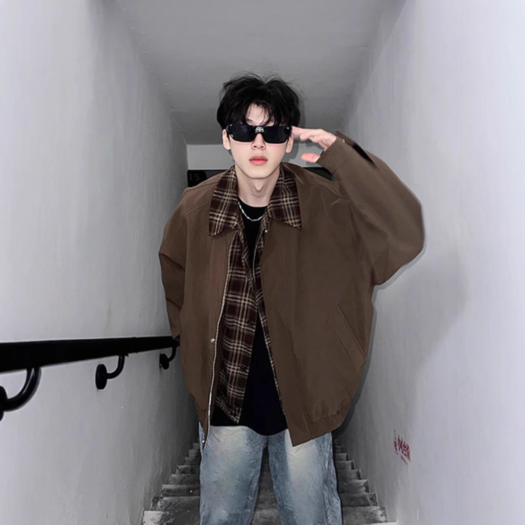 Casual And Cool Workwear Plaid Lapel Patchwork Jacket, Men's Trendy Loose Jacket_voghion.com