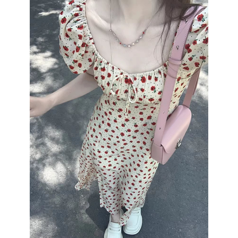 フランスのハイエンドウエスト花柄ドレス女性の夏の新しいスタイルの背の高い人向けのスリムなスクエアネックスカート|undefined