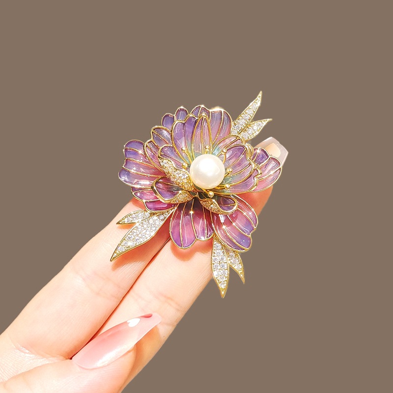 Vintage Enamel Peony Flower Brooch for Women, Niche Chinese Style Painted Flower Pin, Suit Lapel Accessory Pin