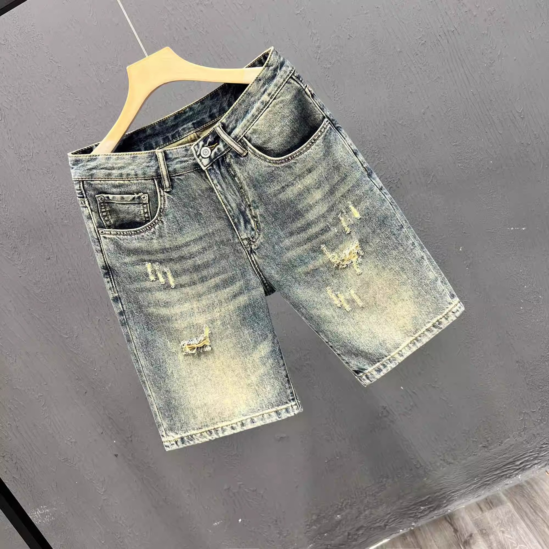 Men's Lightweight Distressed Denim Shorts Trendy High End Printed Patchwork Mid-Length Stretch Five-Point Pants Summer_mkmklike.com