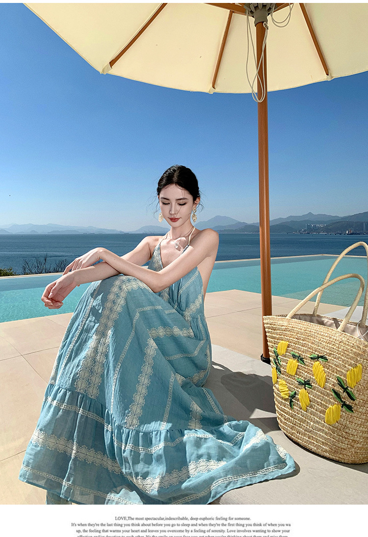 Light Blue Resort-style Backless Halter Neck Dress, Bohemian Heavy Embroidery Long Dress For Women_ecoleips.com