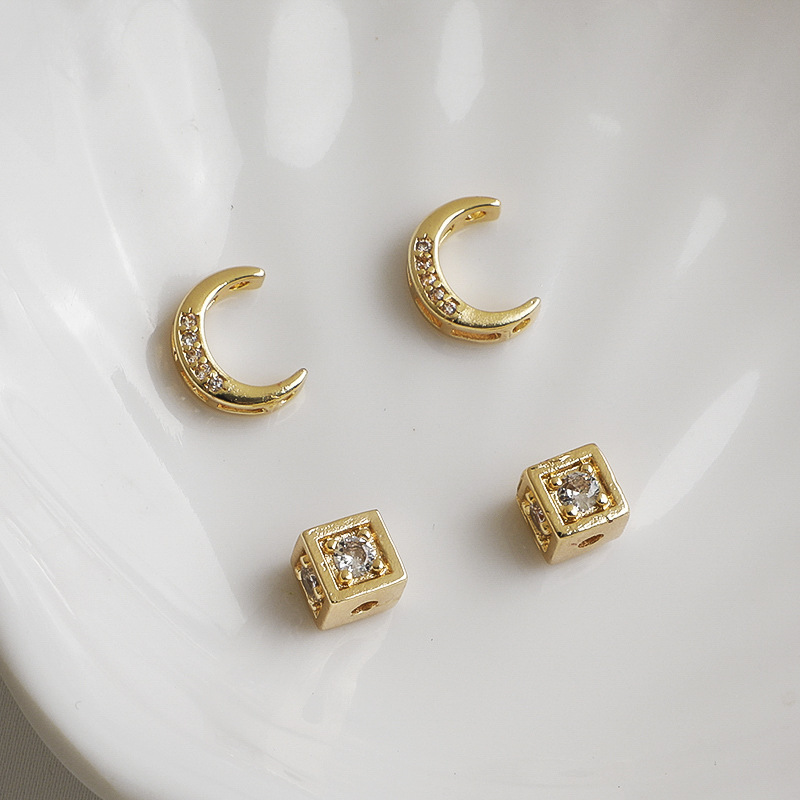 14K bag gold color zircon double hole moon set bead ring crystal necklace square beaded diy beaded accessories