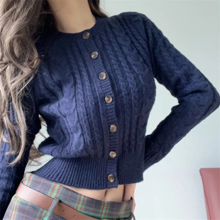 23 European and American style women's clothing new knitted short cardigan coat autumn round neck single-breasted long sleeve twist sweater