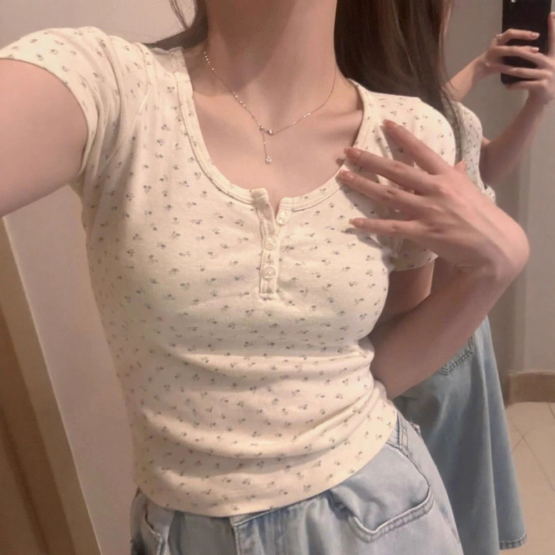 Summer New U-Neck Floral Short-Sleeve Cropped Top for Women, Slim Fit, Base Layer, Fresh and Slimming T-Shirt for Women, Export