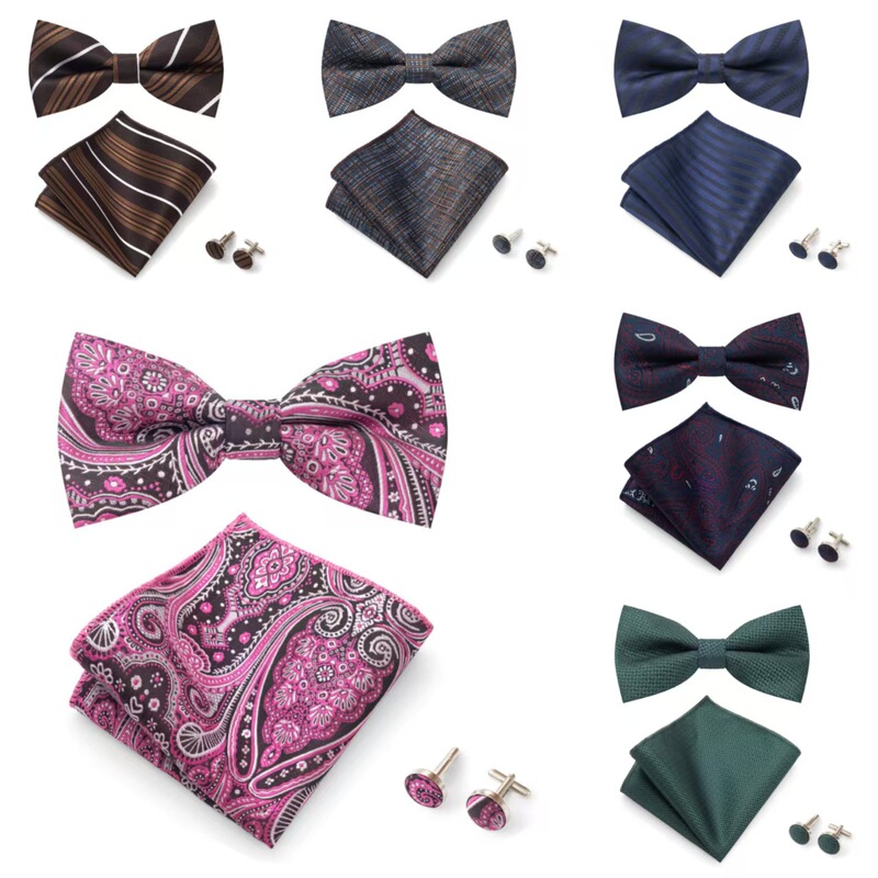 Popular Men's Bow Tie Groom Wedding Groomsman Formal Wear Geometric Jacquard Bow Tie Cufflinks Pocket Square Three-Piece Set Popular Men's Bow Tie Groom Wedding Groomsman Formal Wear Geometric Jacquard Bow Tie Cufflinks Pocket Square Three-Piece Set