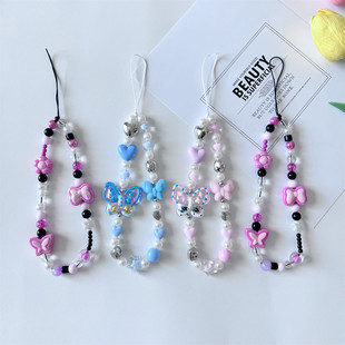 Tiktok Trending Spotted Butterfly Pink Flower Phone Case Lanyard Flower Accessory Phone Chain Decoration