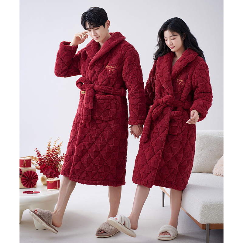Camisón de pareja de invierno coral de lana de tres capas acolchado forrado de lana engrosada rojo hombres y mujeres boda pareja pijamas Otoño e Invierno