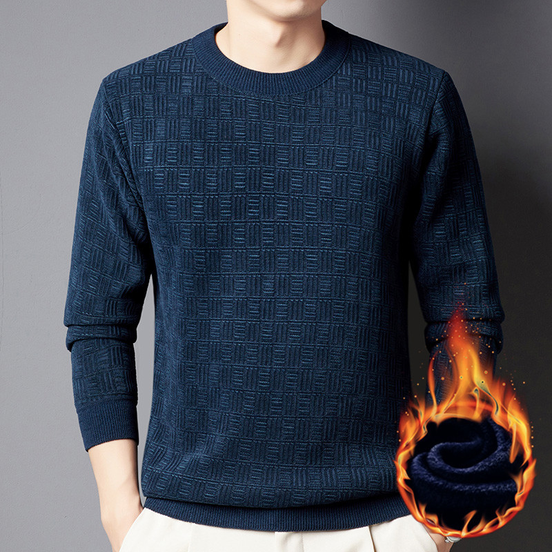 Men's Clothing Winter Men's Sweater Plus Velvet Thickened Jacquard Plaid All in one Velvet Warm Top Solid Color Round Neck Bottoming Sweater_voghion.com