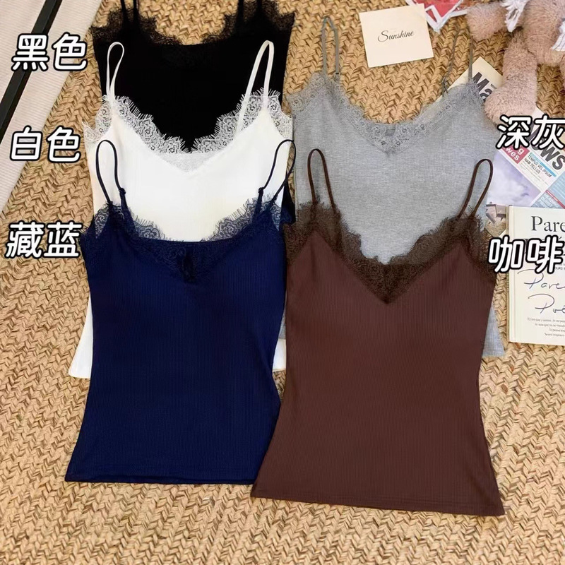 Cashmere Protein Sling High-Quality V Neck Lace Fashionable Versatile Pure Color Fixed Cup Inner and Outer Vest