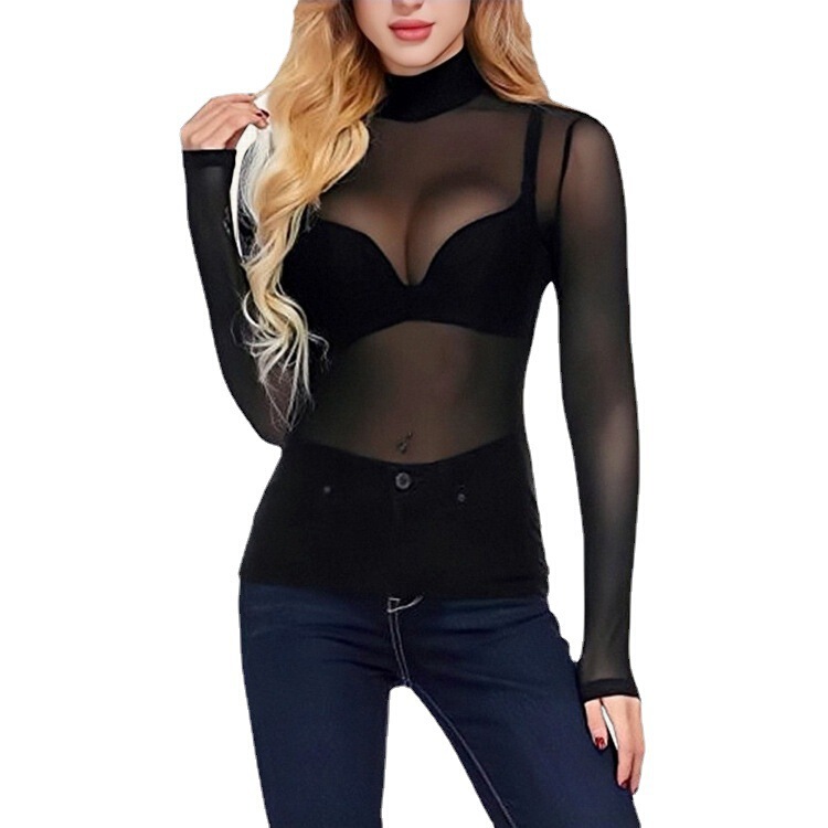 Cross-Border Amazon Women's Popular Sexy Mesh Translucent Versatile High-Neck Long-Sleeved Slim T-Shirt Top