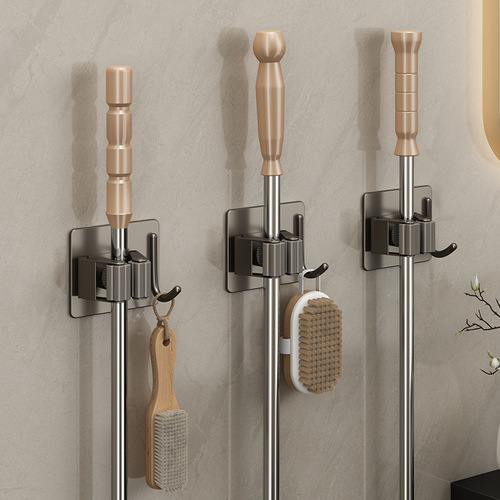 Household mop rack bathroom mop hook stainless steel wall-mounted broom rack punch-free mop clip holder