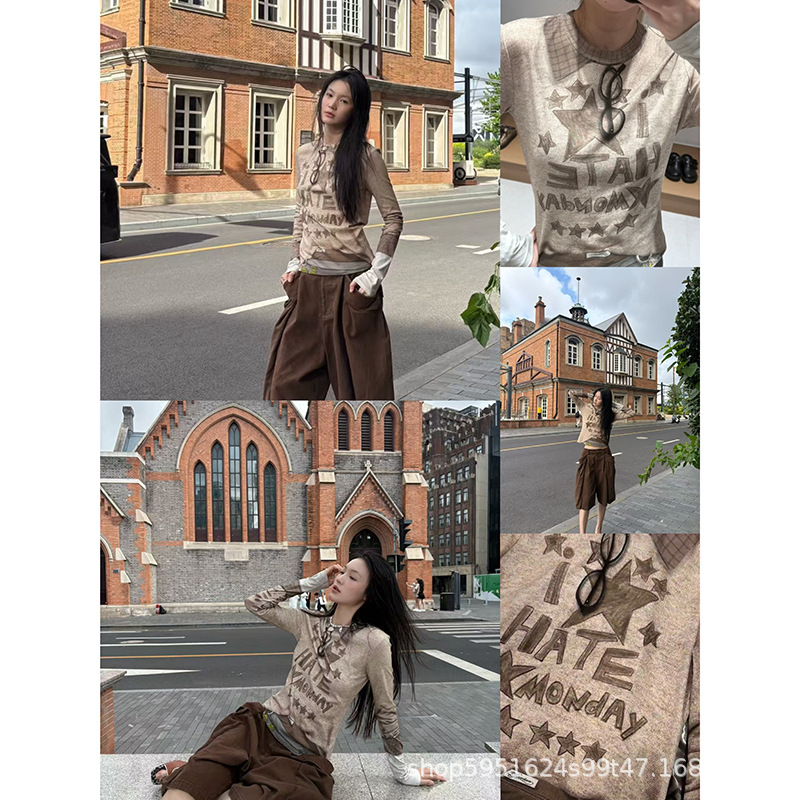 现货发！25夏季新款趣味3D印花眼镜挂饰打底衫长袖T恤上衣女