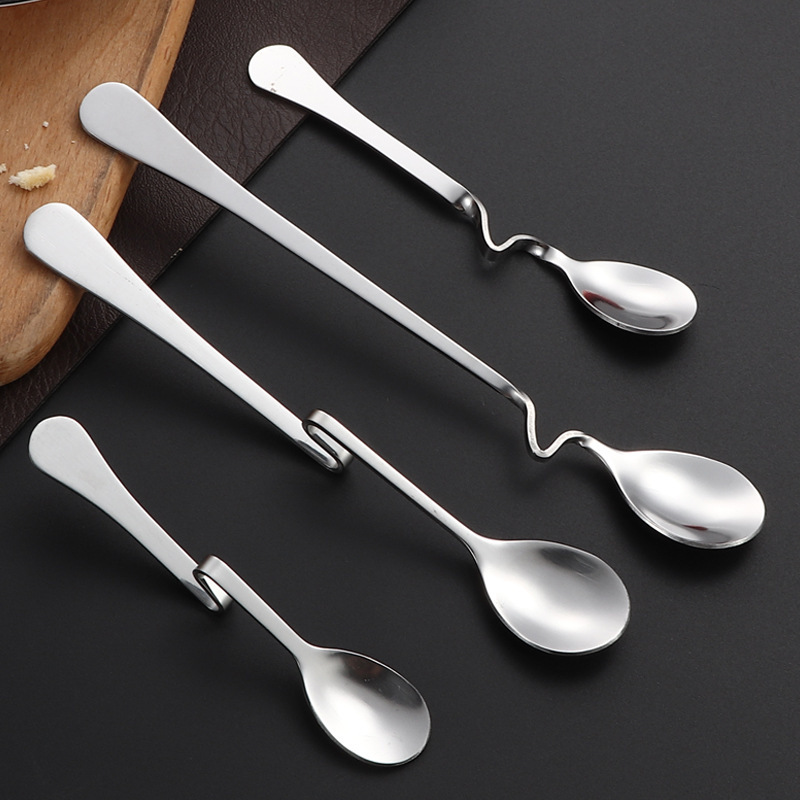Stainless steel creative hanging spoon, coffee stirring spoon, S-shaped hanging cup spoon, curved handle spoon, milk tea spoon, curved wall-mounted spoon