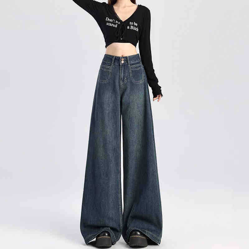 Dark Blue Wide-Leg Jeans for Women, 2026 Autumn, Ultra-High Waist, Loose Fit, Slimming, Drapey Straight-Leg Flared Pants, Floor-Length Pants Dark Blue Wide-Leg Jeans for Women, 2026 Autumn, Ultra-High Waist, Loose Fit, Slimming, Drapey Straight-Leg Flared Pants, Floor-Length Pants