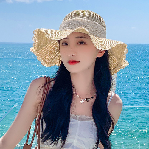 Korean Lace Butterfly Knot Wide Brim Straw Hat for Women Summer Breathable Sunshade Sun Protection Beach Hat Sweet Fisherman Hat