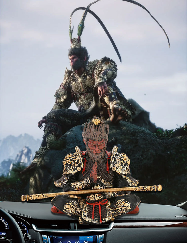 Black Myth Game Merchandise: Wukong Figure with Golden Hoop Staff, Zen-Style Sitting Posture, Living Room Tea Table Decoration, Tea Pet, Car Ornament