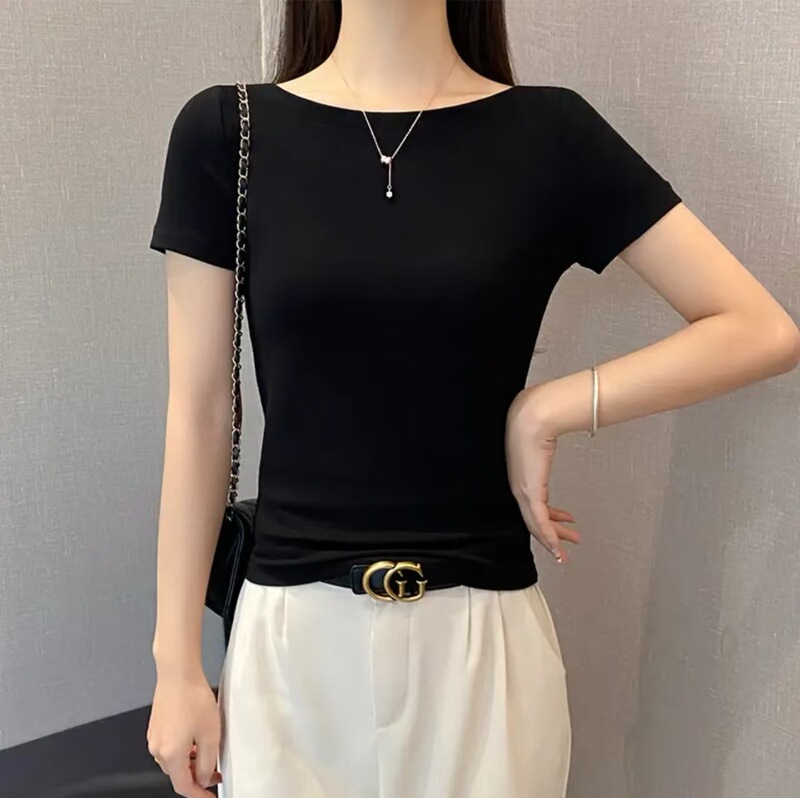 Black Ribbed Off-Shoulder Short-Sleeve T-Shirt for Women 2026 Spring/Summer Slim Fit Base Shirt Sexy Versatile Off-Shoulder Top Trendy Black Ribbed Off-Shoulder Short-Sleeve T-Shirt for Women 2026 Spring/Summer Slim Fit Base Shirt Sexy Versatile Off-Shoulder Top Trendy