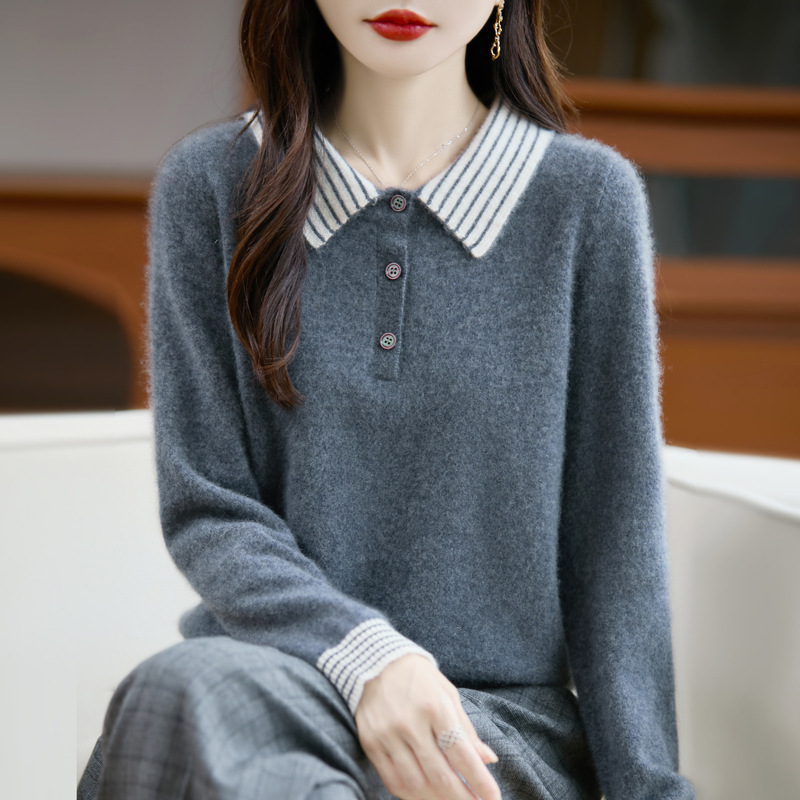 100%纯羊毛2025秋冬新款女士宽松拼色Polo翻领短款打底针织衫毛衣|undefined