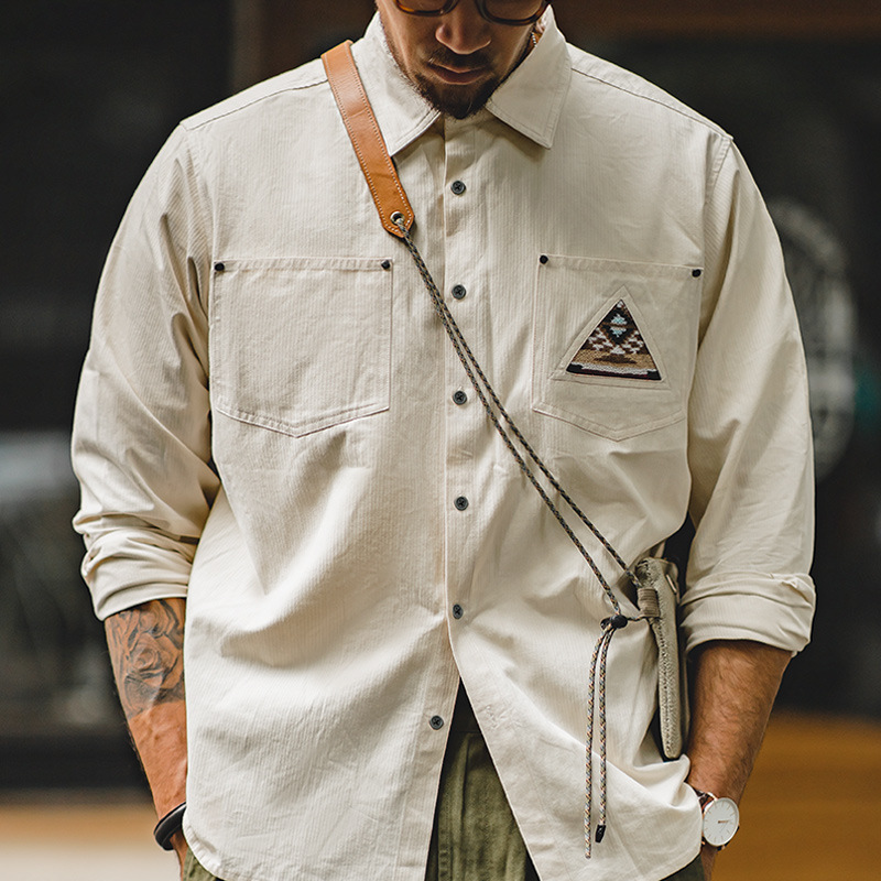 Maden Workwear Retro Indian Totem Off-White Long-Sleeve Shirt with Patch Pockets Layered Shirt for Men Spring