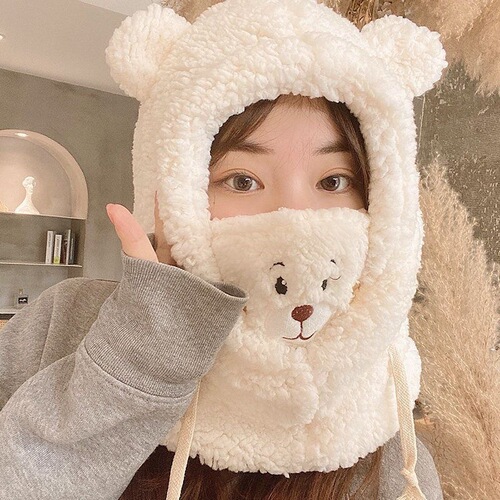 Winter riding cold-proof mask hat scarf integrated warm hat cute fluffy bear knitted hat