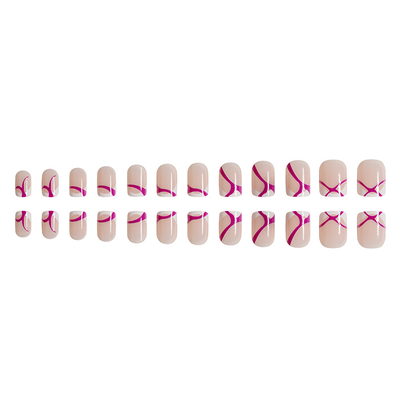 French Style Glossy Square False Nails Irregular Lines 24 Pieces_voghion.com