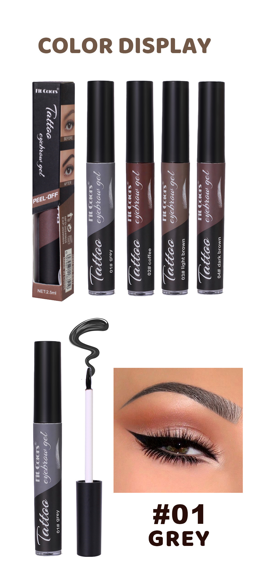 Fit Colors 4-color peel-off eyebrow Gel is water-resistant and does not smudge. It is a three-dimensional eyeliner and eyebrow gel undefined