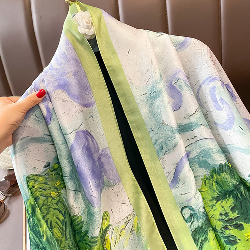 Green Oil Painting Summer Sunscreen Beach Scarf Women's Silk Scarf Extra Large Vacation  Korean Style New Scarf Shawl Fashionable