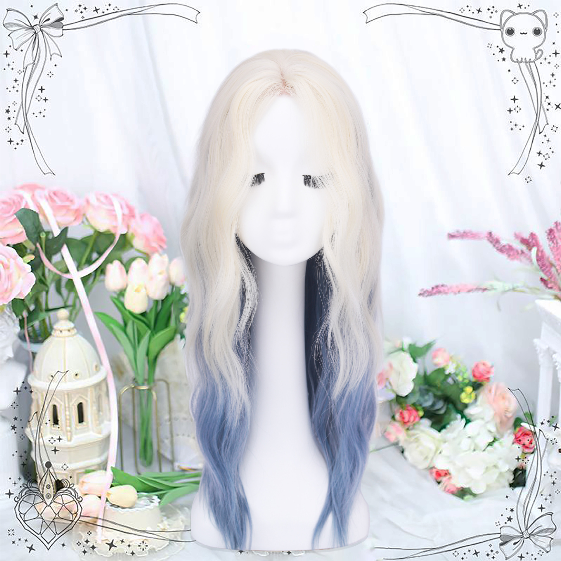 Peruca de mujer cubierta de cabello completo estilo de cabello de simulación natural diario cabello largo ondulado agua media división glaciar azul gradiente