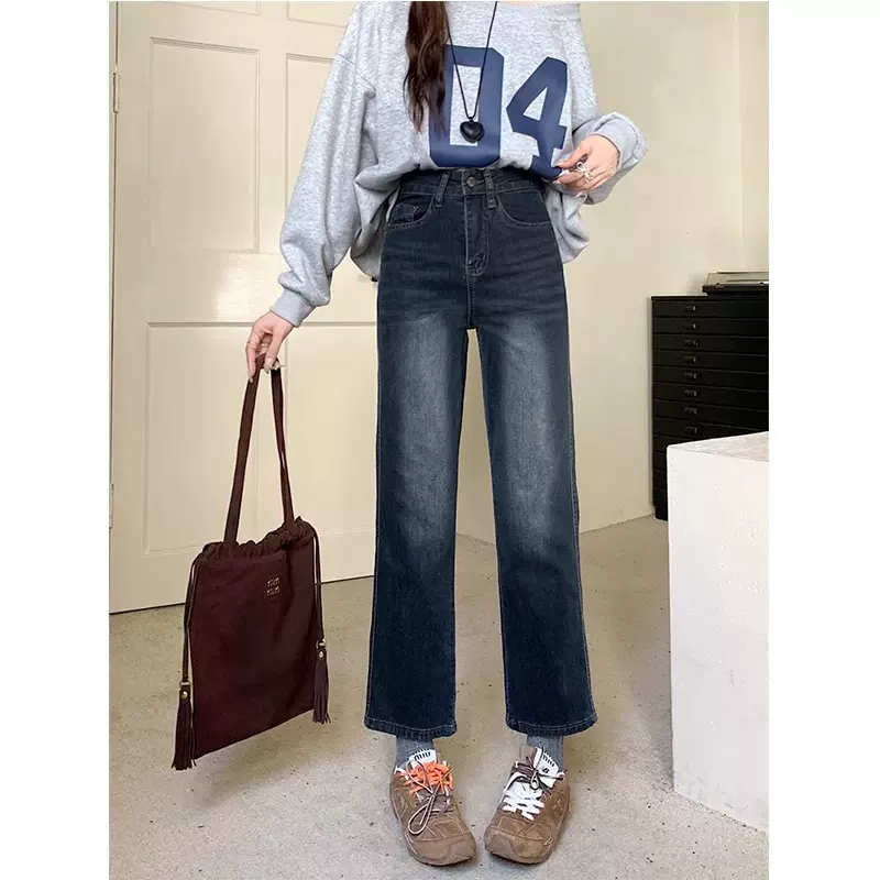 高腰牛仔直筒裤女秋季新款胖妹妹梨形身材宽松窄版显瘦九分阔腿裤