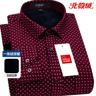 男士加绒衬衫冬季加厚一体绒针织衫红色印花中年男保暖衬衣